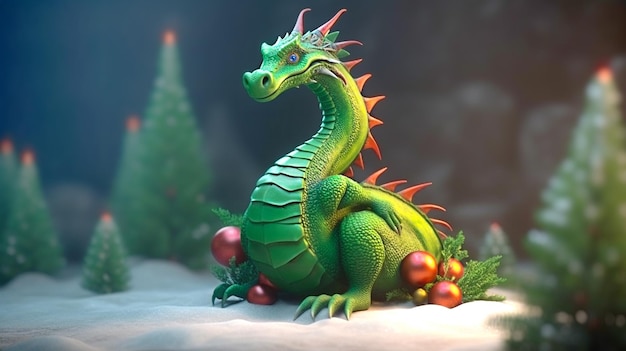 Зеленый дракон среди елок и воздушных шаров в лесу Рождество Новый год 2024 Мультфильм 3d иллюстрация