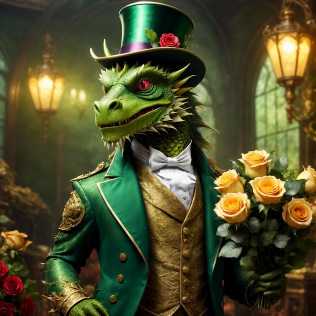 Green dragon in clothes and holding roses bouquet Generative AI