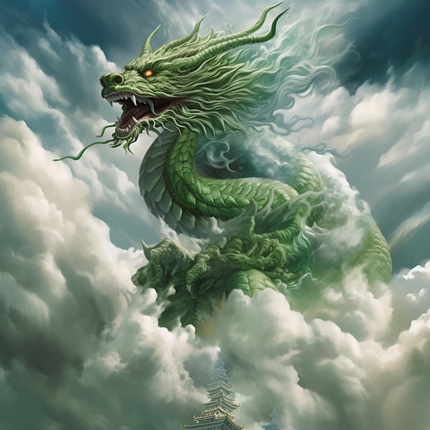 A green dragon in the clouds with the word dragon on it