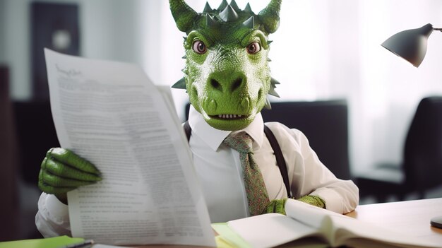 A green dragon in the form of boss at work sits with white papers sits at the desk in the style of corporate punk satirical commentary