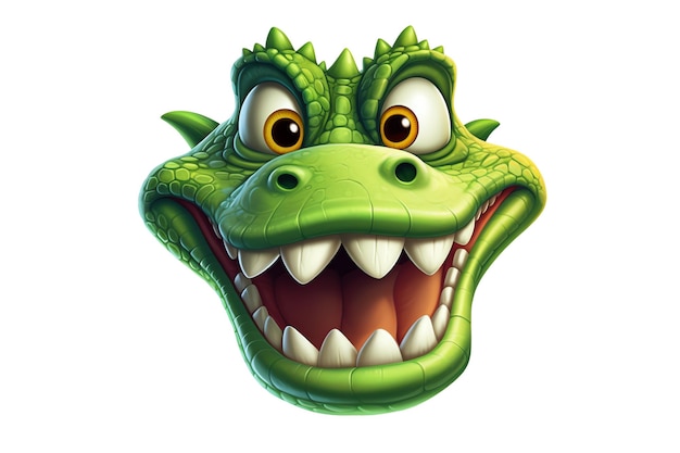 A green dragon head with a white mouth and a green head with a large white teeth.