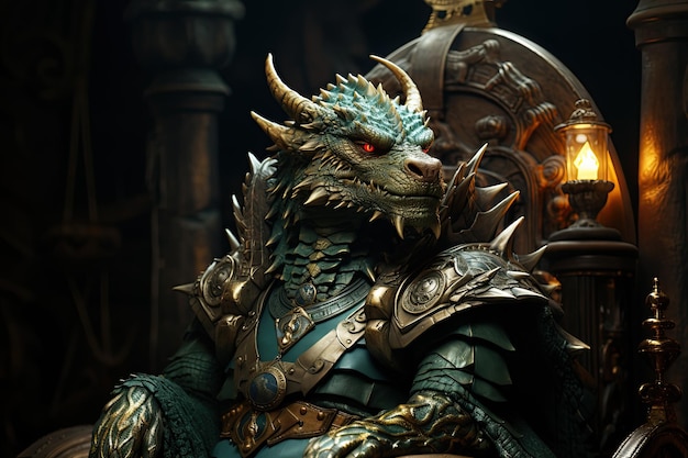 Король зеленого дракона на золотом троне в замке Поздравительная открытка на новый 2024 год