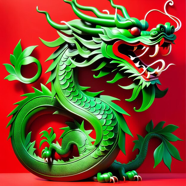 Green dragon on red background with leaves and flowers on his head new year 2024 year of the green