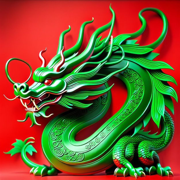 Зеленый дракон на красном фоне с листьями и цветами на голове, новый 2024 год зеленого цвета