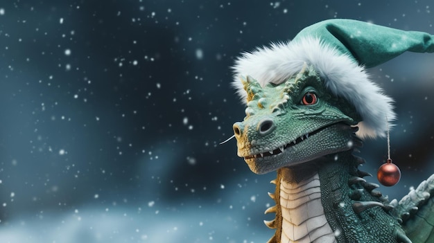 A green dragon in Santa hat on snowy background with copy space