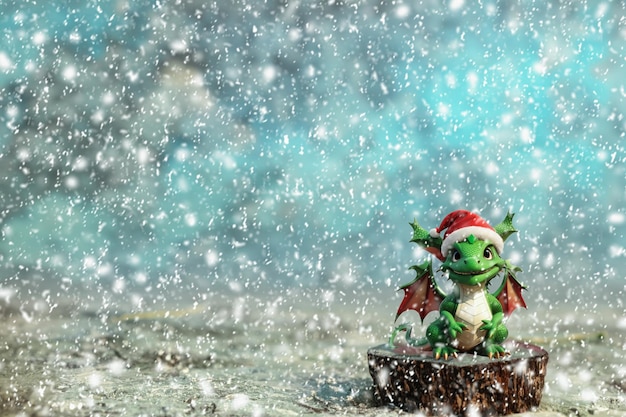 산타의 모자를 입은 초록색 드래곤은 동화 속의 겨울 숲에 있는 드래곤, 눈이 내리는 공간, 새해의 상징, 눈 인 숲에서 새해의 드래곤과 산타클로스 모자를 입고 있다.