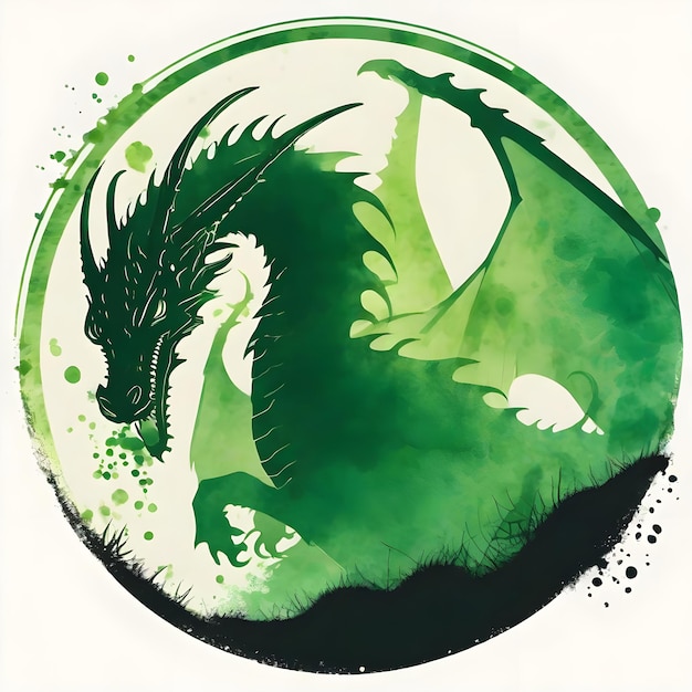 Foto tema della silhouette del drago verde, bolla rotonda, gocciolante, illustrazione del disegno dell'inchiostro dell'acquerello