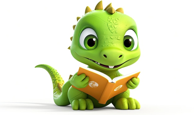 A green dragon sitting on the ground reading a book