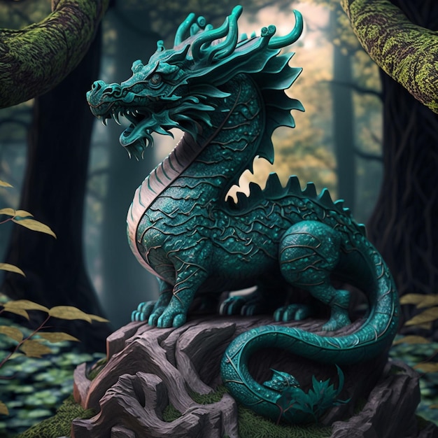 A green dragon statue is sitting on a rock in the woods.