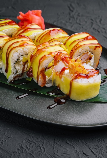 Green dragon sushi roll with shrimp