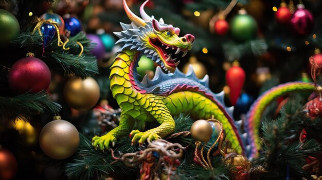 緑のドラゴンのおもちゃがクリスマスツリーの枝を飾ります
