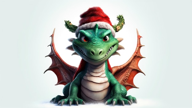 A green dragon wearing a santa hat and a red hat.