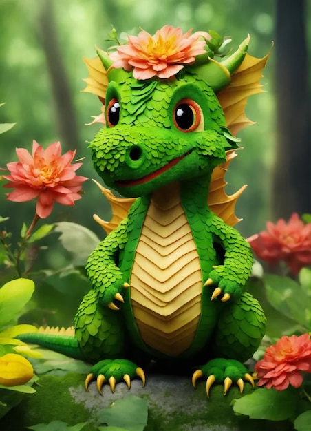 a green dragon with a flower on its head