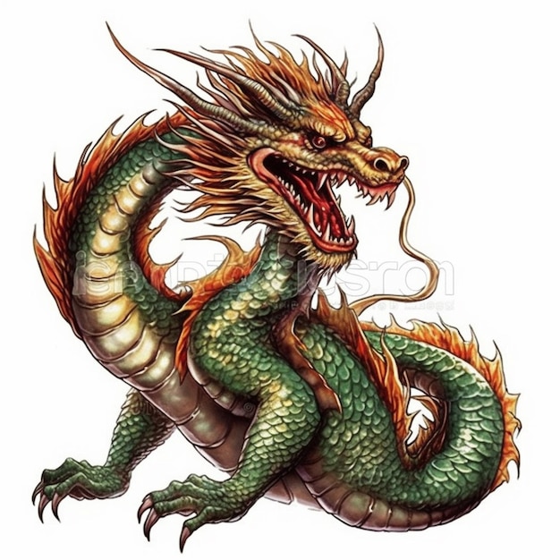 Green dragon with a long tail and a long tail