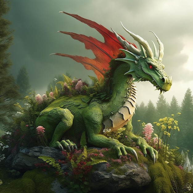 Зеленый дракон с красным глазом и зеленым хвостом сидит на скале.