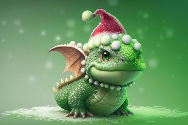 A green dragon with a red hat and a fantasy snow Generative Ai