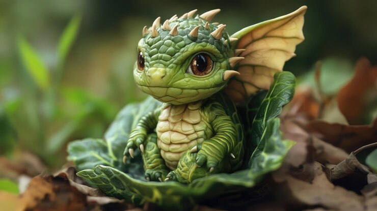 Photo a green dragon with yellow and brown eyes sits on a plant
