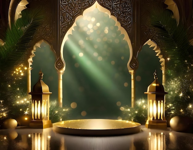 写真 アラビアの暖かい明るい緑色の黄色と金色のドラマティックなライトボケポディウム
