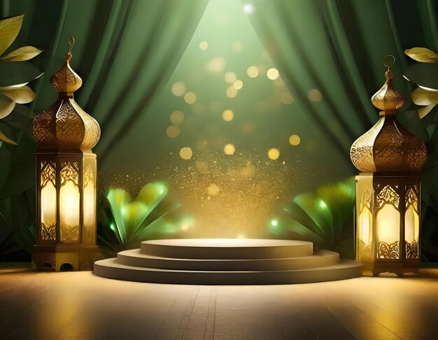 Green dramatic light bokeh podium with arabian warm light green yellow and gold color