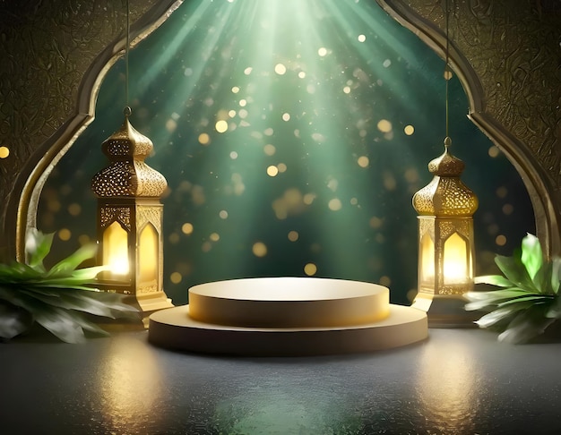 Foto podium bokeh di luce verde drammatico con colore verde giallo e oro caldo arabo