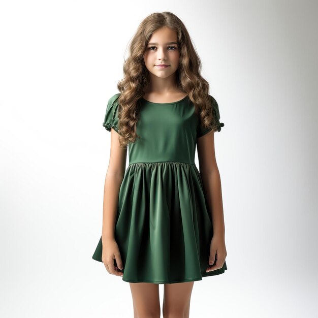 Green dress teenager on white background isolated high qu