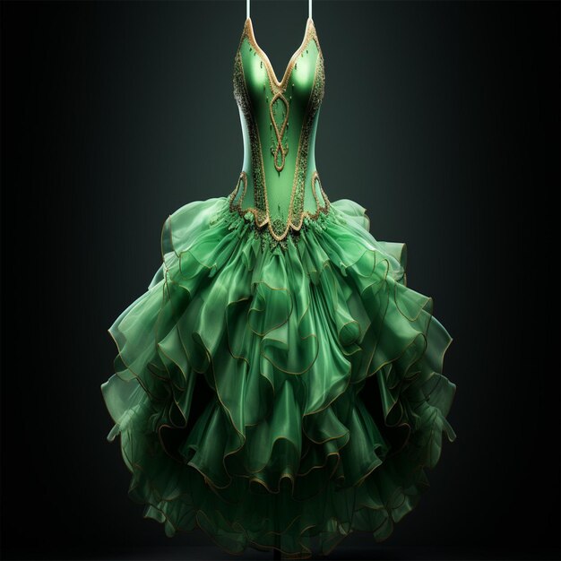 Photo a green dress with gold accents is shown on a black background