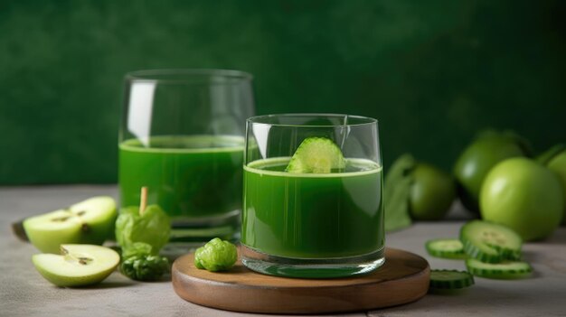 A green drink with cucumber on the side