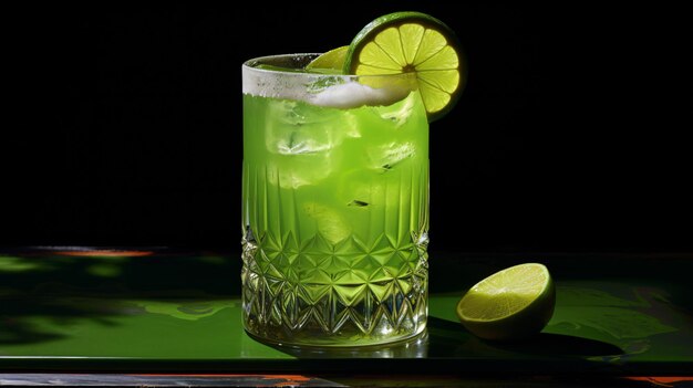 A green drink with a lime garnish