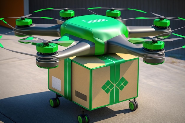 A green drone with the word delivery on it