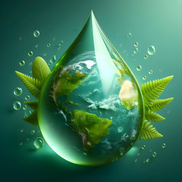 Green Drop of Water with Nature and Globe Background Generated AI