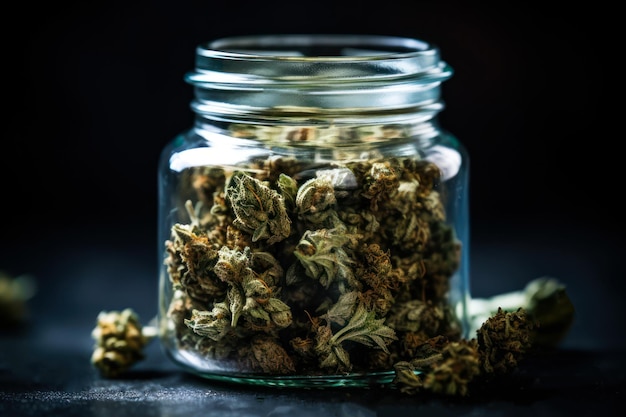 Green dry cannabis buds in jar generative ai