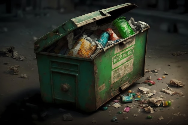 A green dumpster filled with trash is sitting on the ground