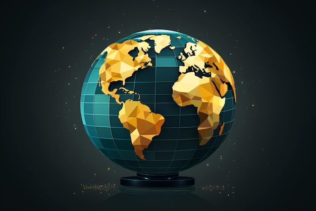 Зеленый земной шар с золотой картой мира в геометрической многоугольной форме