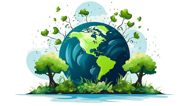 Photo the green earth globe with tree on blue background