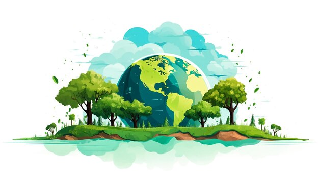 Photo the green earth globe with tree on blue background
