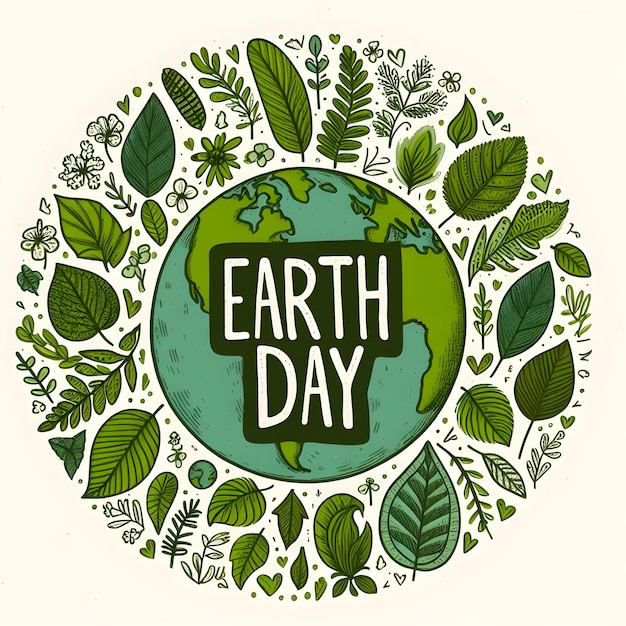 a green earth poster with a green background with leaves and the words earth day