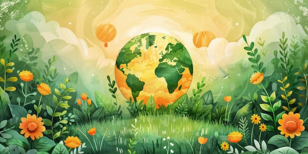 Photo green earth with flowers and plants illustration