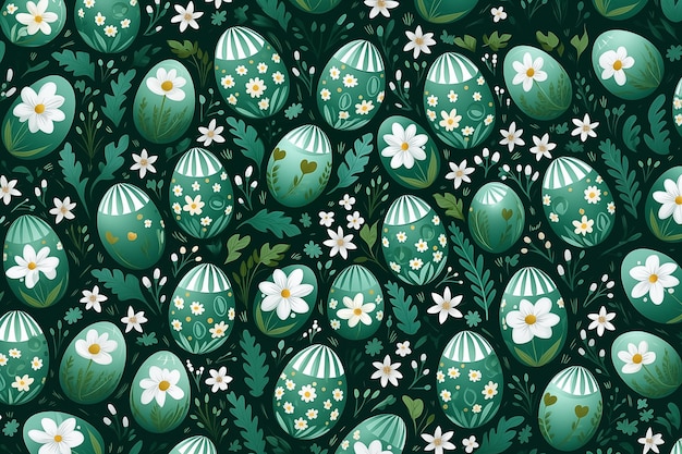 Photo green easter eggs leaves and flowers seamless festive spring pattern happy and positive wrapping or