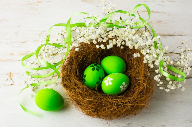 Green Easter eggs in a nest
