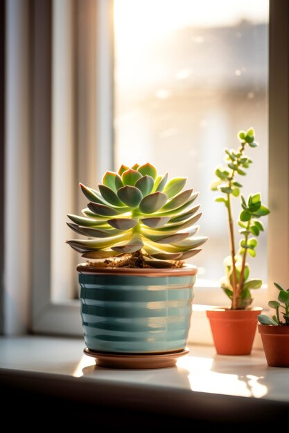 green echeveria in a pot by the window on a sunny day close up