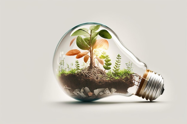 Green eco energy concept. Plant growing inside light bulb