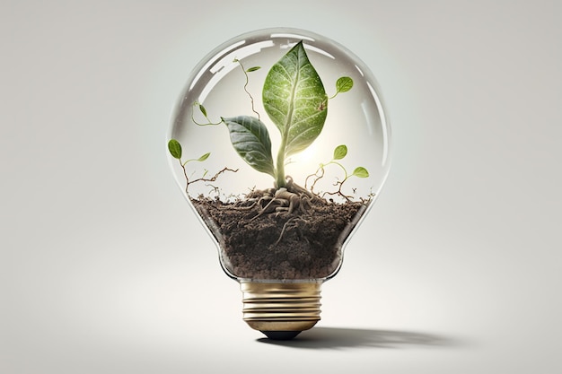 Green eco energy concept. Plant growing inside light bulb