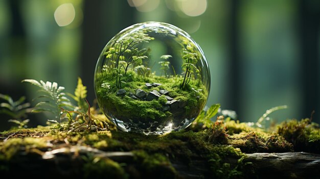 Photo green eco friendly glass globe with plants for world earth day concept ai generated image