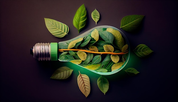 Green eco friendly light bulb from fresh leaves top view concept of Renewable Energy and Sustainable Living Generative AI