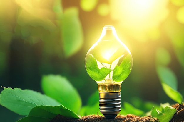 Green eco friendly lightbulb from fresh leaves Energy saving ecology and environment ai generative