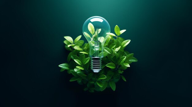 Green eco friendly lightbulb from fresh leaves top view concept of Renewable Energy and Sustainable AI generative