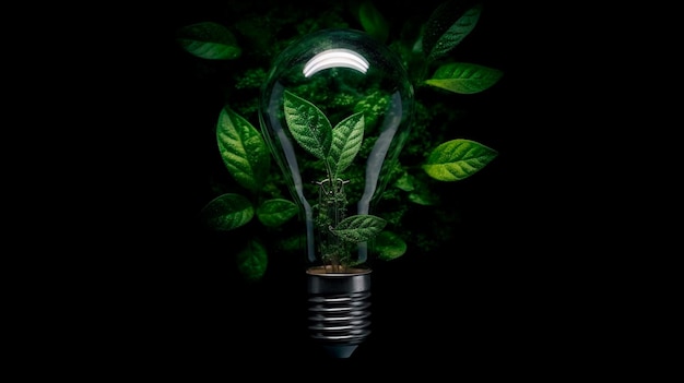 Green eco friendly lightbulb from fresh leaves top view concept of Renewable Energy and Sustainable Living Generative AI