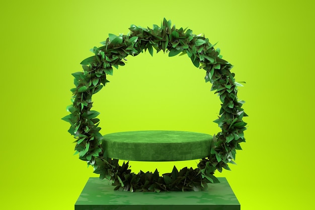 프리젠 테이션을위한 녹색 환경 친화적 인 제품 스탠드. 3d 렌더링 그림