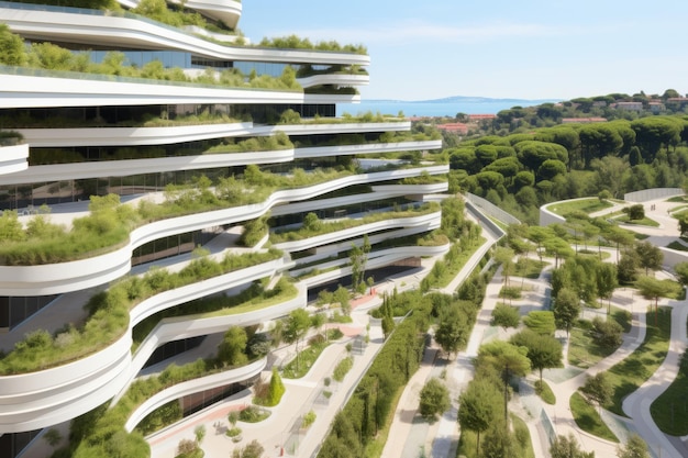 Зеленое экологическое здание современная экологически устойчивая концепция дизайна офиса футуристический город