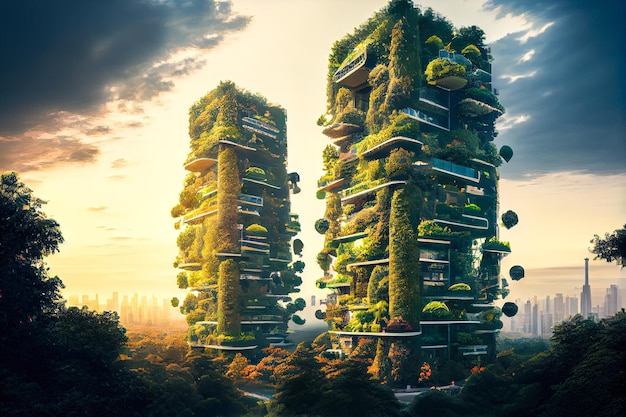 Green ecofriendly skyscrapers with plants and trees Generative AI Generative AI